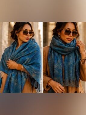 Elegant Boho Teal and Tan  Patterned Soft Scarf/Wrap